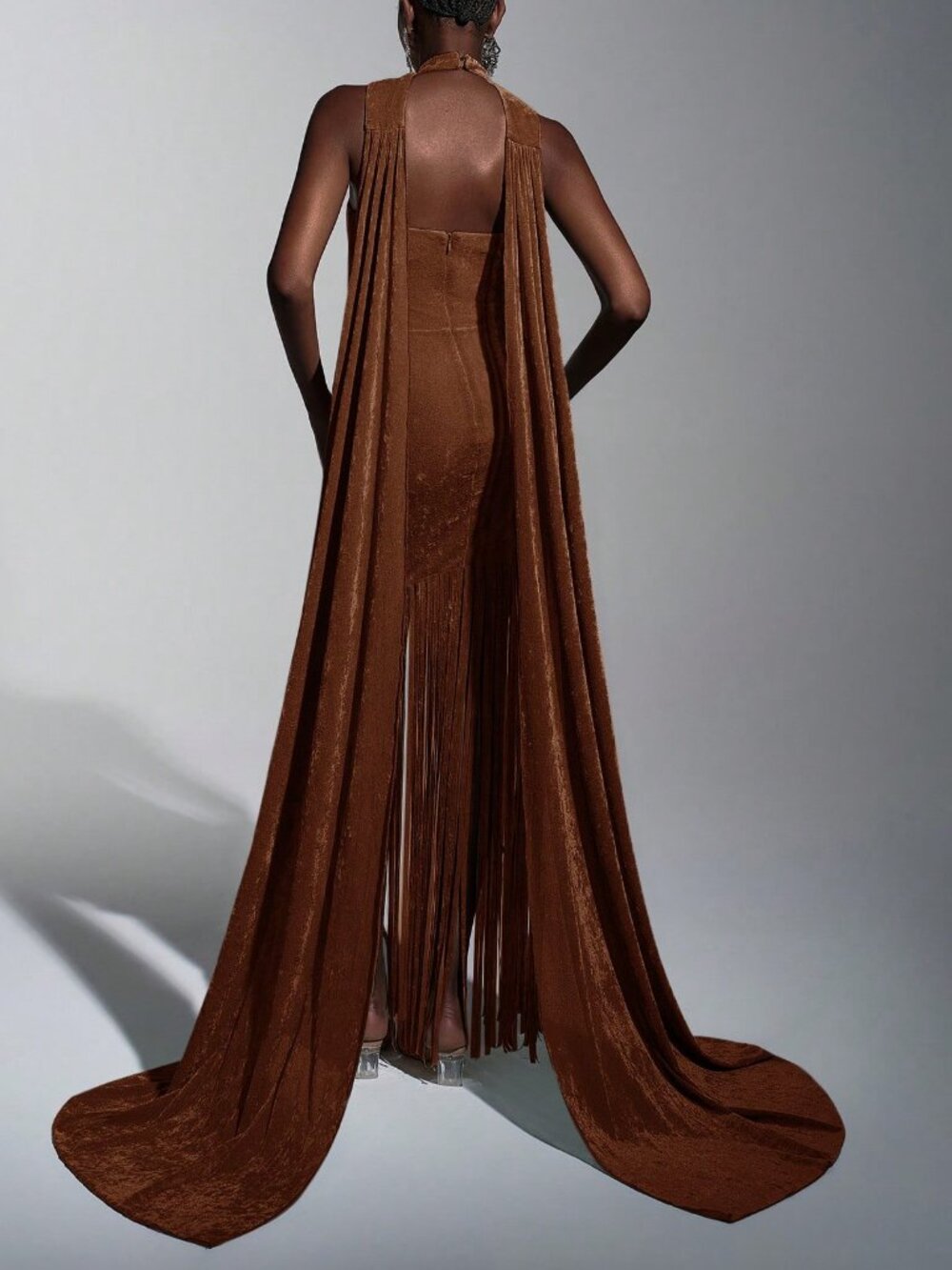 Brown Elegant Romantic Women's Velvet Tassel Sequin Party Dress - Picture 2 of 8